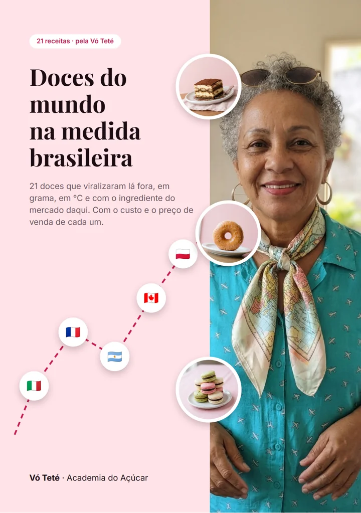 Capa do ebook Doces do mundo na medida brasileira, com a Vó Teté e fotos de doces numa rota de voo